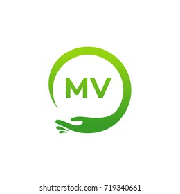 Healthcare MV initial logo designs template, Modern MV initial Care with hand symbol vector