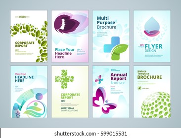 Healthcare and natural products brochure cover design and flyer layout templates collection. Vector illustrations for marketing material, ads and magazine, product presentation templates.