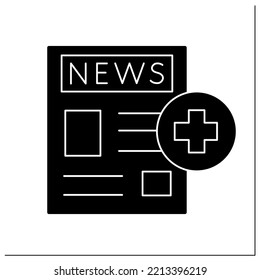 Healthcare news glyph icon. Newspaper front page with medical cross. Public health awareness covid epidemic situation information concept.Filled flat sign. Isolated silhouette vector illustration