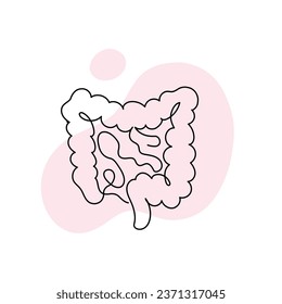 Healthcare one line concept. Vector healthcare linear illustration. Gut intestine anatomy symbol silhouette on pink splash isolated on white background. Design for health care, gastroenterology