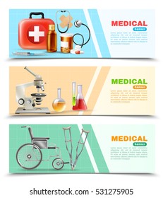 Healthcare online 3 medical horizontal banners set with lab electronic microscope wheelchair and crutches isolated  background vector illustration 