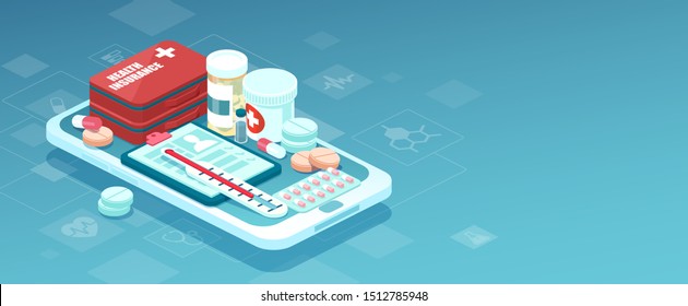 Healthcare online pharmacy app concept. Vector of prescription drugs, first aid kit and medical supplies being sold online via smartphone application technology 