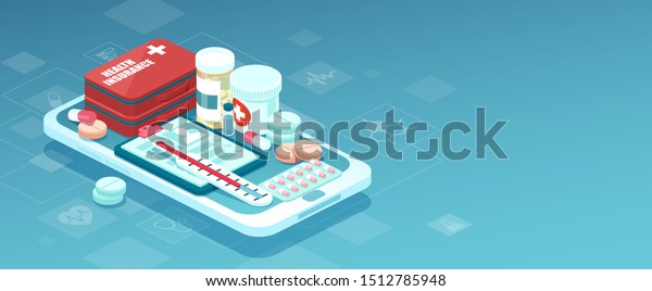 Healthcare online pharmacy app\
concept. Vector of prescription drugs, first aid kit and medical\
supplies being sold online via smartphone application technology\

