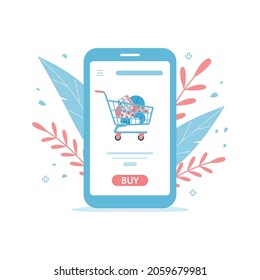 Healthcare online pharmacy application concept. Mobile application for ordering medicines. Medical supplies, bottled liquids and pills. Safe purchase of medicines. Vector illustration.