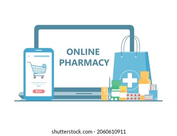 Healthcare online pharmacy application concept. Mobile application for ordering medicines. Medical supplies, bottled liquids and pills. Safe purchase of medicines. Vector illustration.