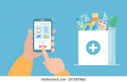 Healthcare online pharmacy application concept. Mobile application for ordering medicines. Medical supplies, bottled liquids and pills. Safe purchase of medicines. Vector illustration.