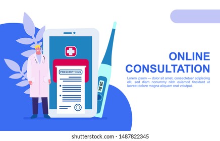 Healthcare online pharmacy concept. Online Medical diagnosis. Doctor online vector landing page. Illustration of online doctor and healthcare app on smartphone. Vector cartoon illustration