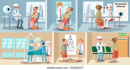 Healthcare ophthalmology horizontal banners with medical consultation eye treatment sight test optical correction and surgery vector illustration