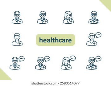 Healthcare people icons. Health care, staff, doctor, patient, nurse, pharmacist, dentist vector icon set