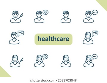 Healthcare people icons. Health care, staff, doctor, patient, nurse, pharmacist, dentist vector icon set