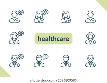 Healthcare people icons. Health care, staff, doctor, patient, nurse, pharmacist, dentist vector icon set