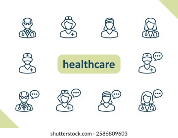 Healthcare people icons. Health care, staff, doctor, patient, nurse, pharmacist, dentist vector icon set