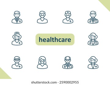 Healthcare people icons. Health care, staff, doctor, patient, nurse, pharmacist, dentist vector icon set