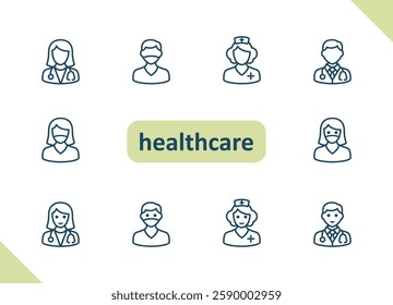 Healthcare people icons. Health care, staff, doctor, patient, nurse, pharmacist, dentist vector icon set