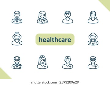 Healthcare people icons. Health care, staff, doctor, patient, nurse, pharmacist, dentist vector icon set