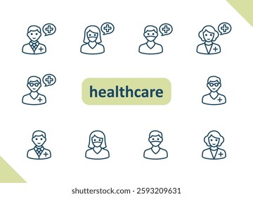 Healthcare people icons. Health care, staff, doctor, patient, nurse, pharmacist, dentist vector icon set