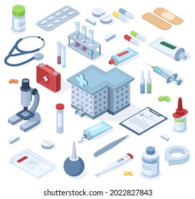 Healthcare pharmacy isometric first aid kit supplies. Healthcare medical pharmacy, drugs, bandage, stethoscope vector illustration set. Hospital first aid kit emergency box, equipment for treatment