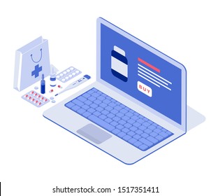 Healthcare, pharmacy and medical concept. Online notebook with pills, capsules blisters, glass bottles, plastic tubes. Isometric vector illustration.