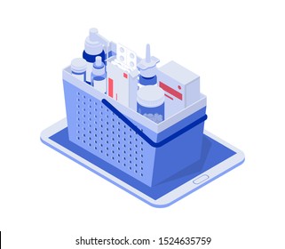 Healthcare, pharmacy and medical concept. Online tablet and basket full of pills, capsules blisters, glass bottles, plastic tubes. Isometric vector illustration.
