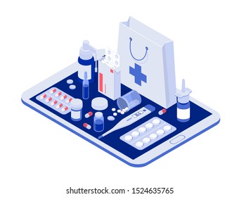 Healthcare, pharmacy and medical concept. Online tablet with pills, capsules blisters, glass bottles, plastic tubes. Isometric vector illustration.