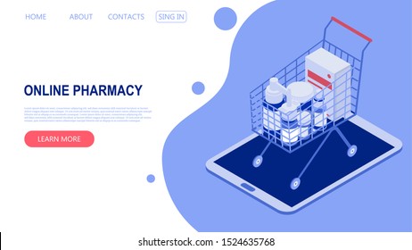 Healthcare, pharmacy and medical concept. Online tablet and consumer basket full of pills, capsules blisters, glass bottles, plastic tubes. Isometric vector illustration.