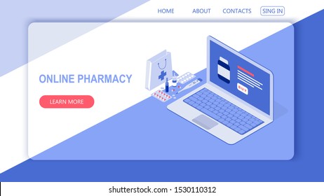 Healthcare, pharmacy and medical concept. Online notebook with pills, capsules blisters, glass bottles, plastic tubes. Isometric vector illustration.