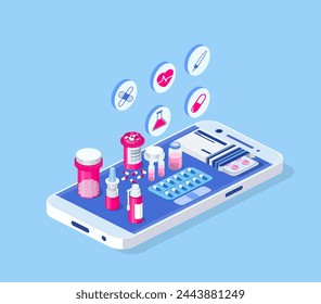 Healthcare, pharmacy and medical concept. Online phone with pills, capsules blisters, glass bottles, plastic tubes. Web banner landing page. 3d isometric design. Vector illustration in flat style