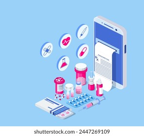 Healthcare, pharmacy and medical concept. Online phone with pills, capsules blisters, glass bottles, plastic tubes. Web banner landing page. 3d isometric design. Vector illustration in flat style