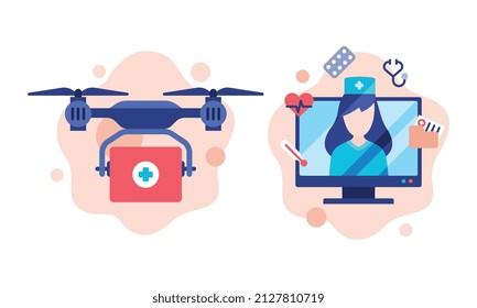 Healthcare and Pharmacy Mobile and Digital Service App on Computer Screen and Drone Carrying First Aid Kit Box Vector Set