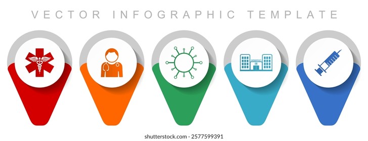 Healthcare pointer collection, miscellaneous icons such as emergency, doctor, virus, hospital and syringe, flat design vector infographic template in eps 10