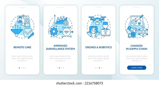 Healthcare In Post Covid Era Blue Onboarding Mobile App Screen. Walkthrough 4 Steps Editable Graphic Instructions With Linear Concepts. UI, UX, GUI Template. Myriad Pro-Bold, Regular Fonts Used