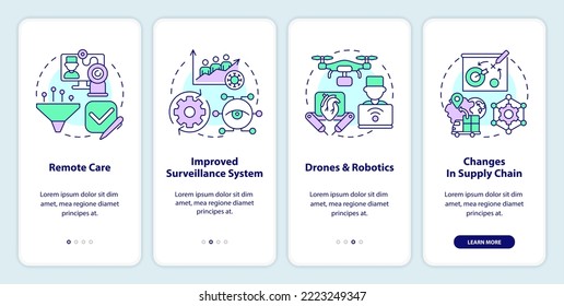 Atención médica en la pantalla de aplicaciones móviles de la era post-pandemia. Recorrido 4 pasos instrucciones gráficas editables con conceptos lineales. UI, UX, plantilla GUI. Multitud de tipos de letra Pro-Bold, con uso regular