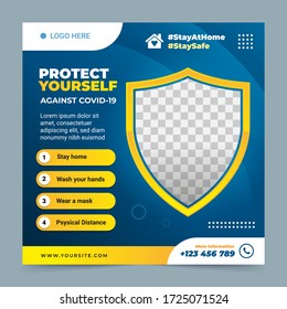Healthcare post social media template square banner about corona virus (covid-19). with shield protect and blue yellow background. suitable web promotion for stay home awareness. vector