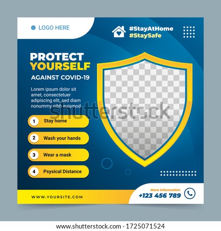 Healthcare post social media template square banner about corona virus (covid-19). with shield protect and blue yellow background. suitable web promotion for stay home awareness. vector