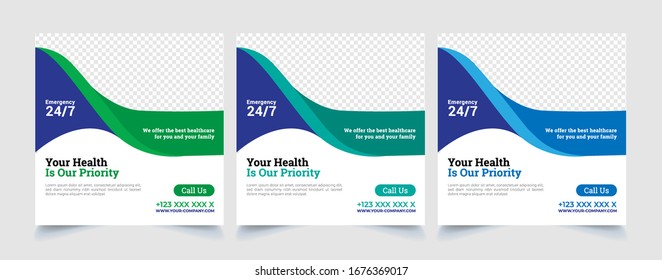 Healthcare post template. Medical promotion square web banner. Mail newsletter layouts. Social media healthcare post. Special offer banner. Sale and discount backgrounds. Medical vector template