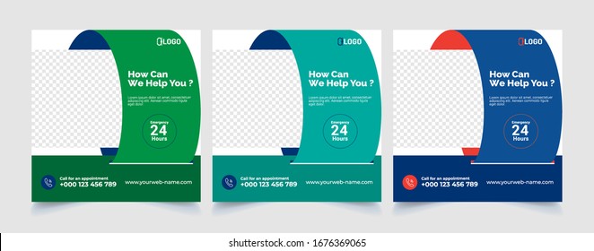 Healthcare post template. Medical promotion square web banner. Mail newsletter layouts. Social media healthcare post. Special offer banner. Sale and discount backgrounds. Medical vector template