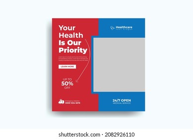 Healthcare post template. Medical promotion square web banner. Social media healthcare post. Special offer banner. Medical vector template