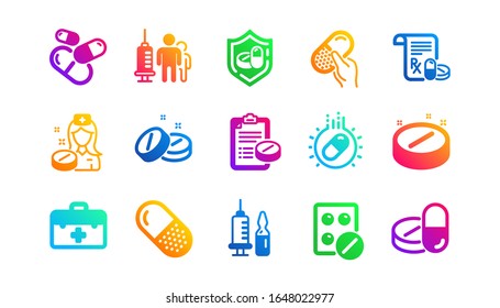 Healthcare, Prescription and Pill signs. Medical drugs icons. Pharmacy drugs, recipe pill icons. Antibiotic capsule, syringe vaccination. Classic set. Gradient patterns. Quality signs set. Vector