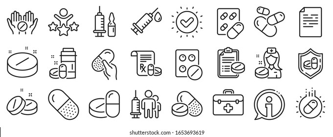 Healthcare, Prescription and Pill signs. Medical drugs line icons. Pharmacy drugs, medical nurse, recipe pill icons. Antibiotic capsule, syringe vaccination, medicine cure. Vector