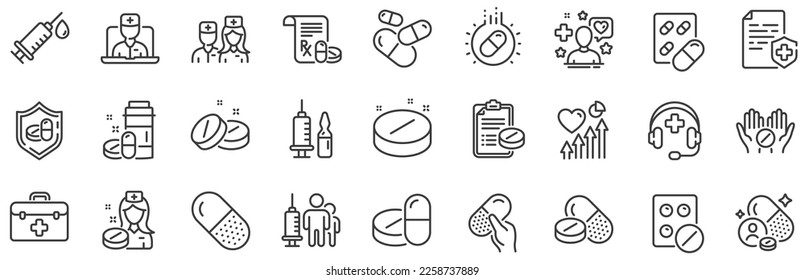 Healthcare, Prescription and Pill signs. Medical drugs line icons. Pharmacy drugs, medical nurse, recipe pill icons. Antibiotic capsule, syringe vaccination, medicine cure. Vector