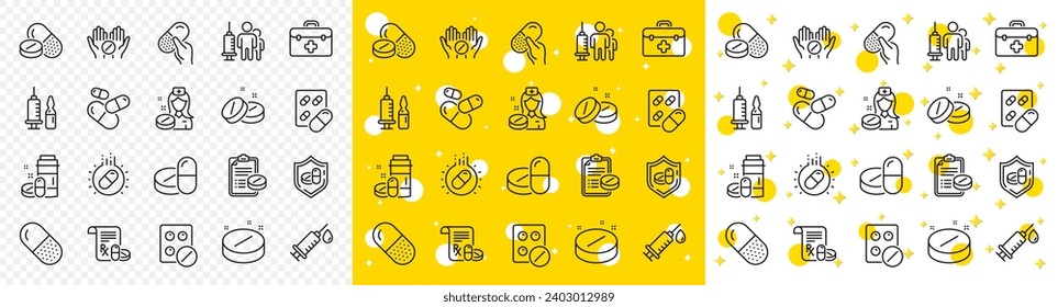 Healthcare, Prescription and Pill signs. Medical drugs line icons. Pharmacy drugs, medical nurse, recipe pill icons. Antibiotic capsule, syringe vaccination, medicine cure. Vector