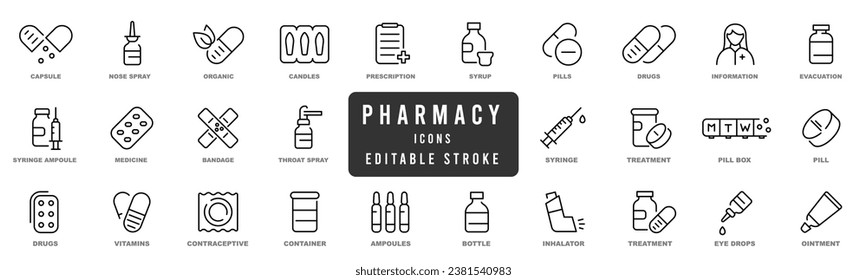 Healthcare, Prescription and Pill signs. Pharmacy drugs, medical nurse, recipe pill icons. Medical drugs line icons.  Antibiotic capsule, syringe vaccination, medicine cure. Editable stroke