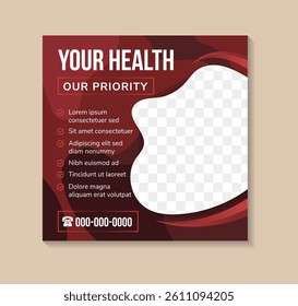Healthcare prevention banner or square flyer with photo space for social media template design. liquid concept with multicolored red gradient colors