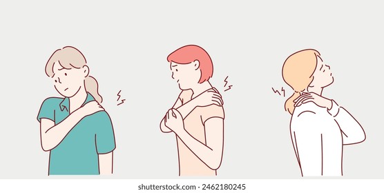 healthcare and problem concept- unhappy woman suffering from neck pain at home. Hand drawn style vector design illustrations.