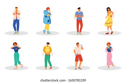 Healthcare problems flat color vector faceless characters set. Woman sneezing. Man with sore throat. People with body aches. Disease symptoms isolated cartoon illustrations on white background