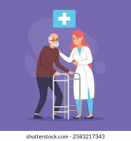 Healthcare professional assisting elderly man using walker. Doctor, wearing white coat, offering guidance and support, creating warm and caring environment