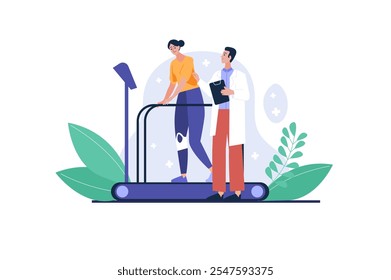 A healthcare professional assists a patient on a treadmill in a rehabilitation setting with plants in the background. Vector illustration