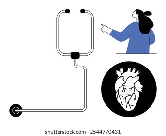 A healthcare professional in blue attire points towards a diagram featuring a stethoscope and a detailed heart. Ideal for medical education, healthcare, cardiology, heart health awareness