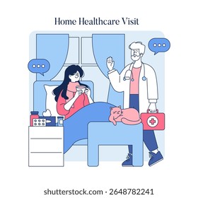 A healthcare professional conducts a home visit to provide care for a patient. The scene illustrates personal interaction, comfort, and assistance, highlighting the importance of home healthcare