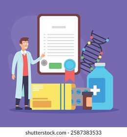 Healthcare professional discussing prescription and various medication bottles beside certificate. Importance of medicine in patient care concept